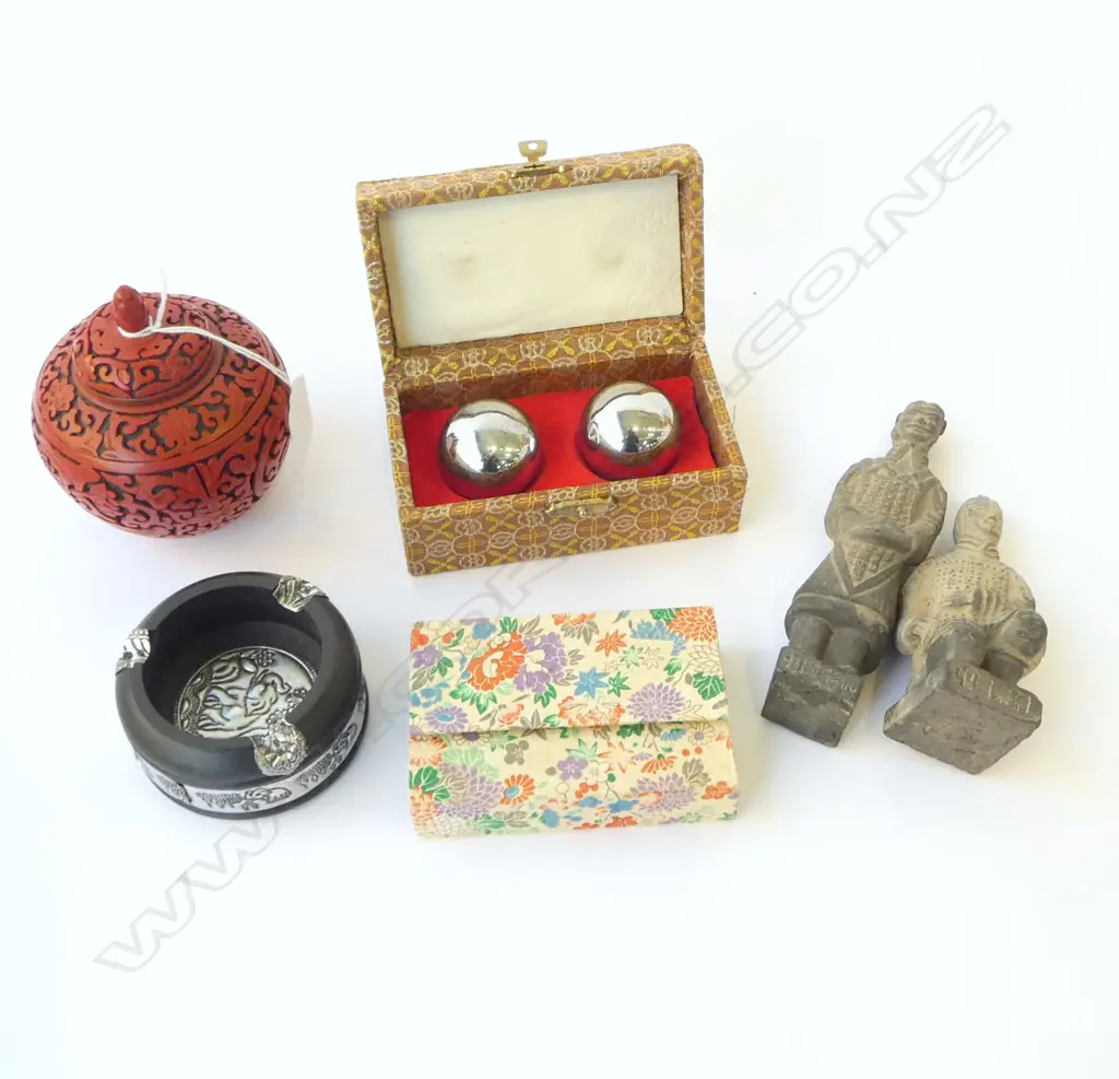 PR METAL BAODING BALLS, 2 TERACOTTA WARRIOR ORNAMENTS, FAUX CINNABAR VASE, etc Image 1++