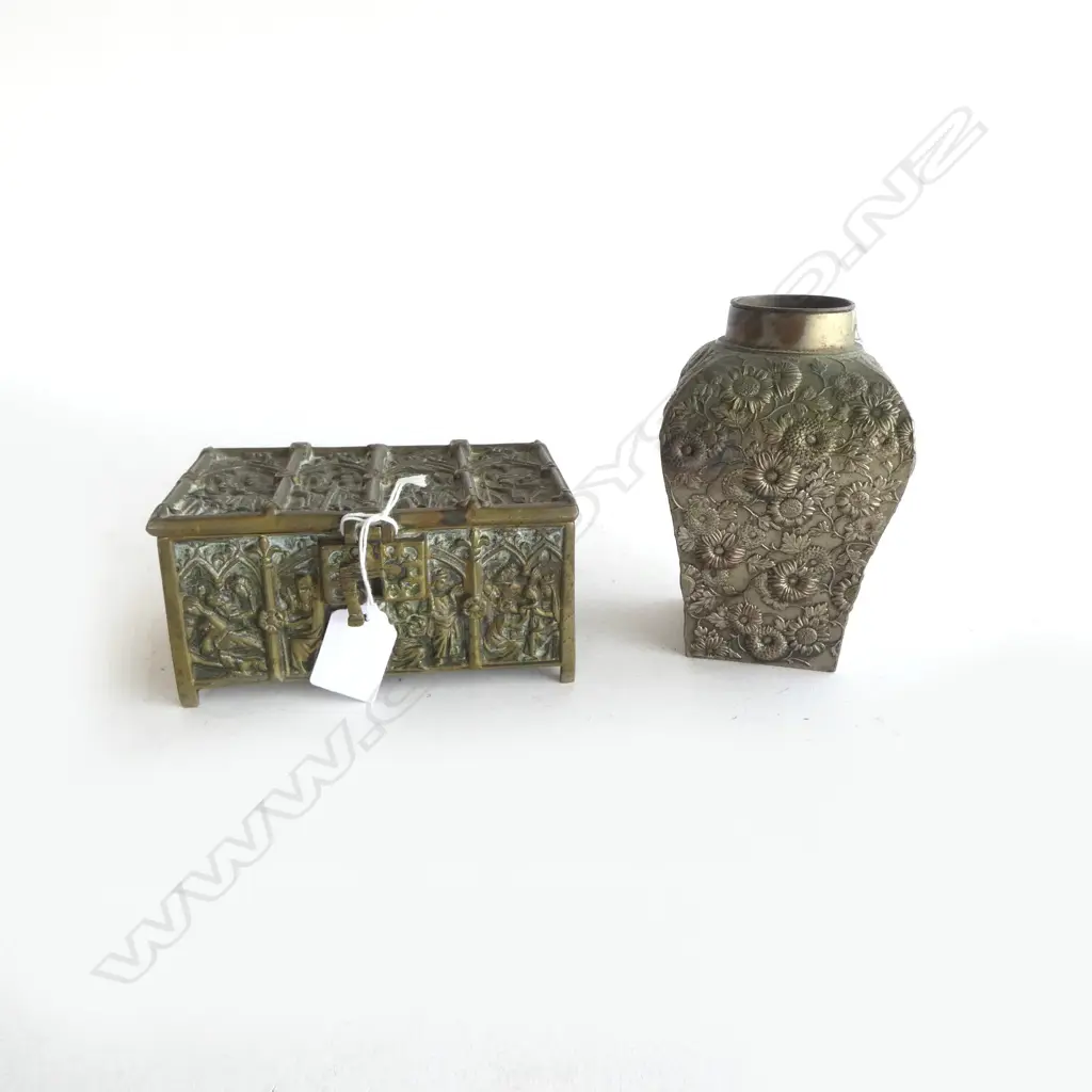 ANTIQUE BRASS RELIQUARY CASKET in GOTHIC STYLE & JAPANESE SILVER over COPPER TEA CADDY repousse decoration Image 1++