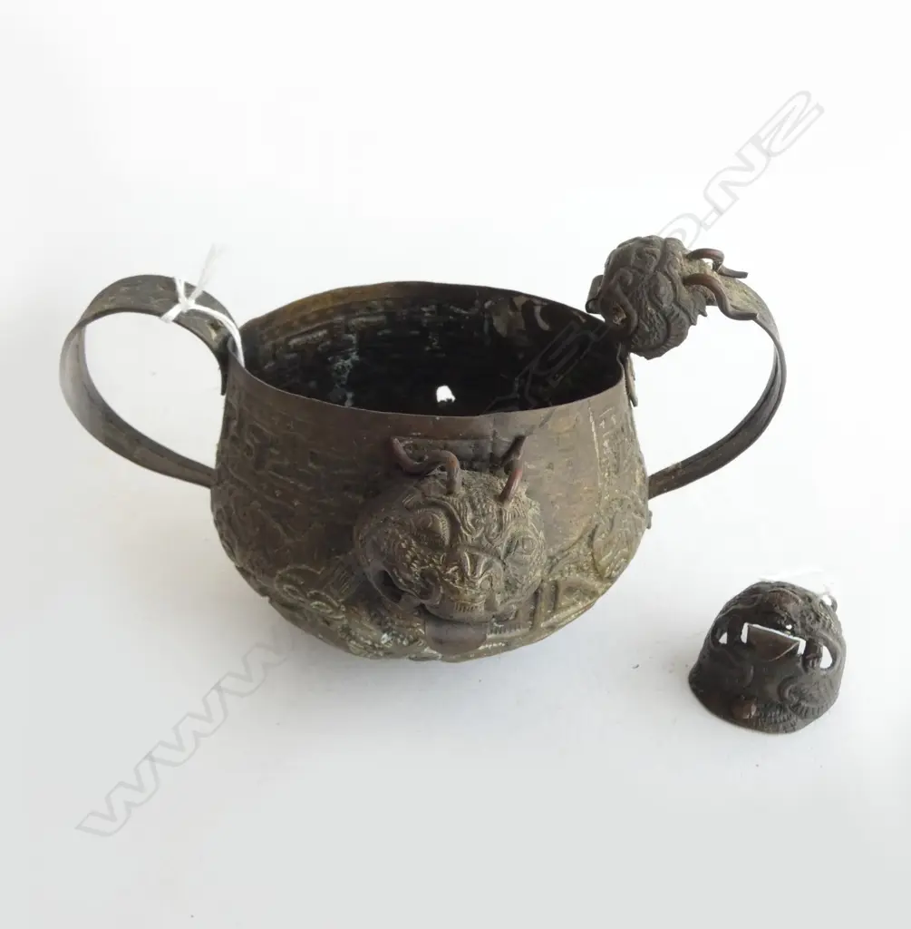 ANTIQUE CHINESE BRONZE CENSER w FOO DOG DETAIL, in aged condition w accompanying side dog for repair Image 1++
