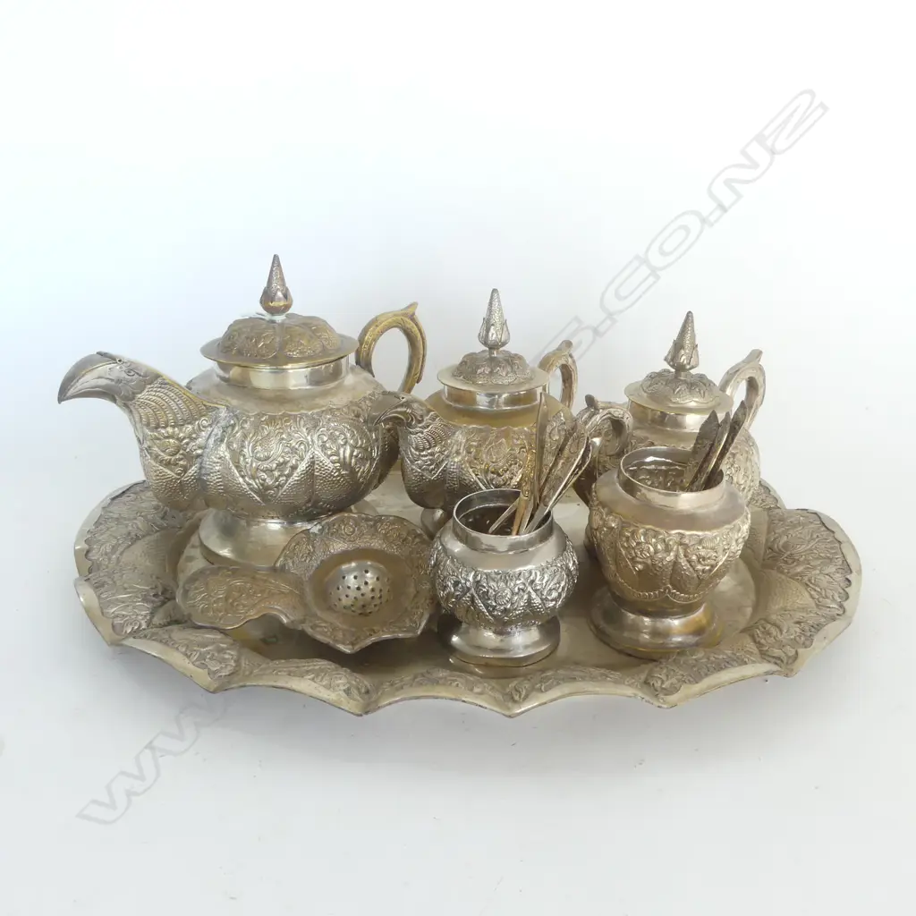 THAI / INDONESIAN SILVER PLATE TEA SET ON TRAY 485x380mm Image 1++