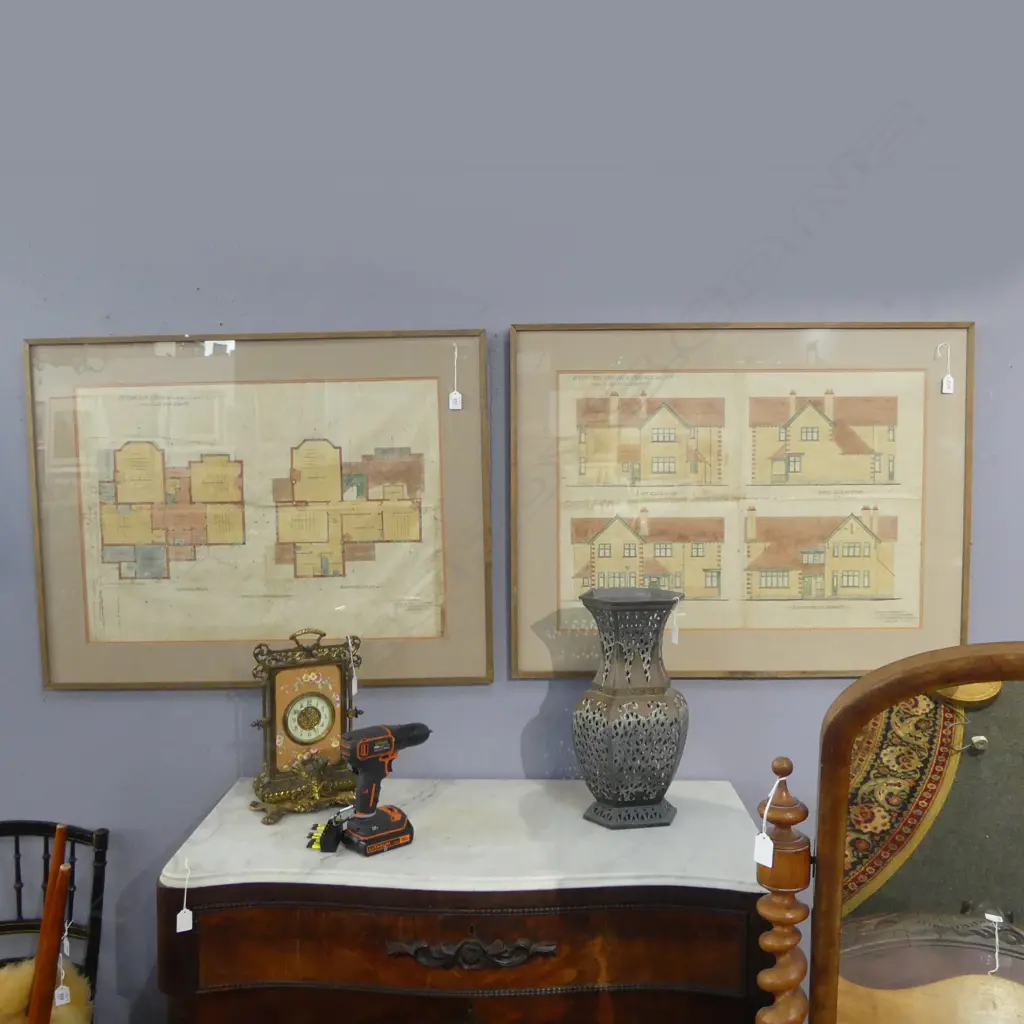 PR 1910 FRAMED ENGLISH ARCITECT'S DRAWINGS/PLANS, H.730 x960mm with framing Image 1++