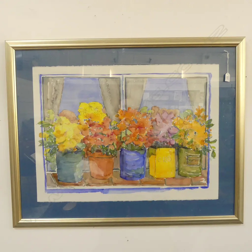 PATRICIA TURNEY 'FIVE POTS OF FLOWERS ON A TURKISH WINDOWSILL' WC 570x770mm Image 1++