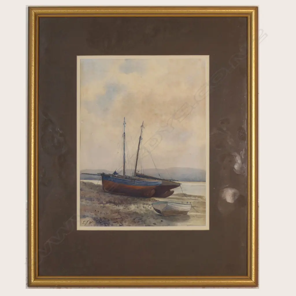 ARTIST SIGNATURE INDISTINCT, BEACHED BOATS, W/C, FOXED, 285x210mm Image 1++