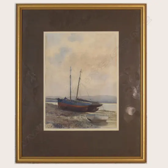 ARTIST SIGNATURE INDISTINCT, BEACHED BOATS, W/C, FOXED, 285x210mm