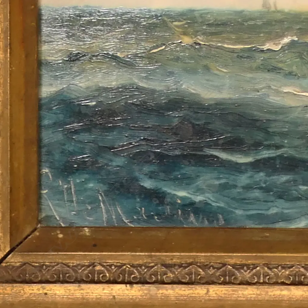 ARTIST SIGNATURE INDISTINCT, BOATING SCENE, OIL 160x340mmmm Image 1++