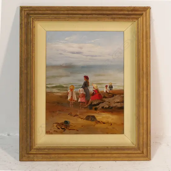 ANTIQUE OIL, SIGNED 'WKS' & DATED 1890, BEACH SCENE, 345x255mm