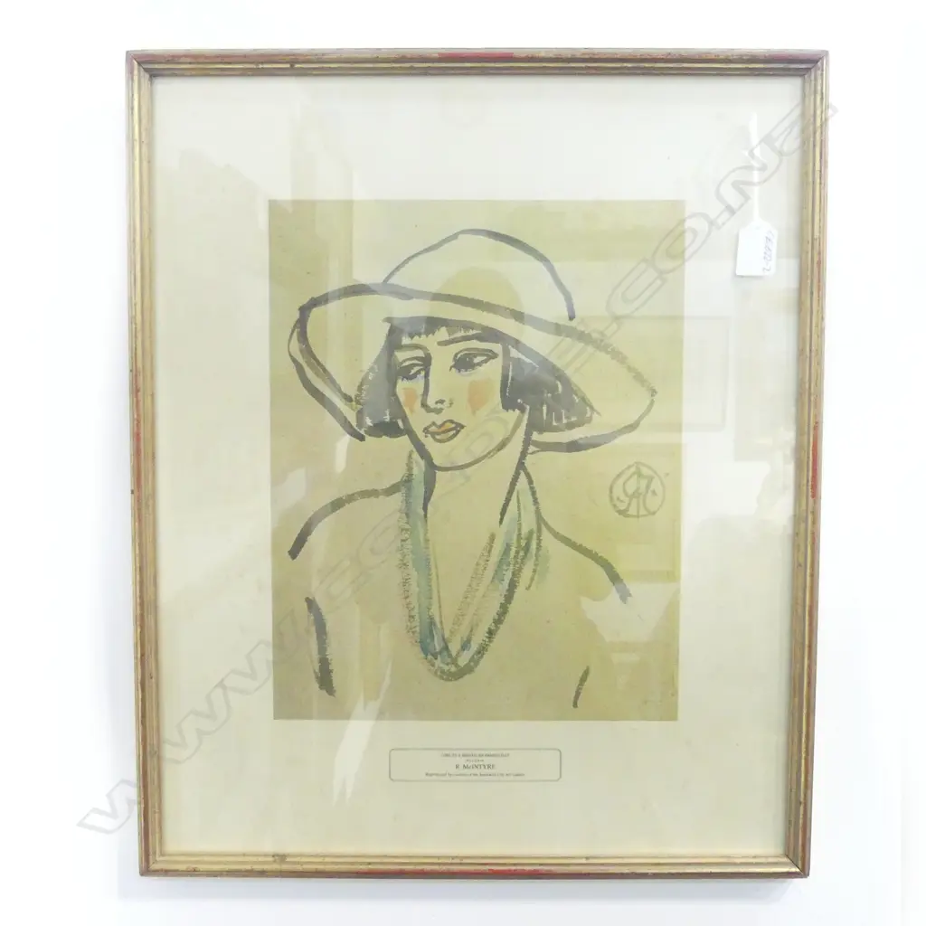 RAYMOND MCINTYRE VINTAGE PRINT 'Girl in a Broad-Brimmed Hat'. 520 x 420mm Reproduced courtesy Auck. Art Gallery. Framed Image 1++