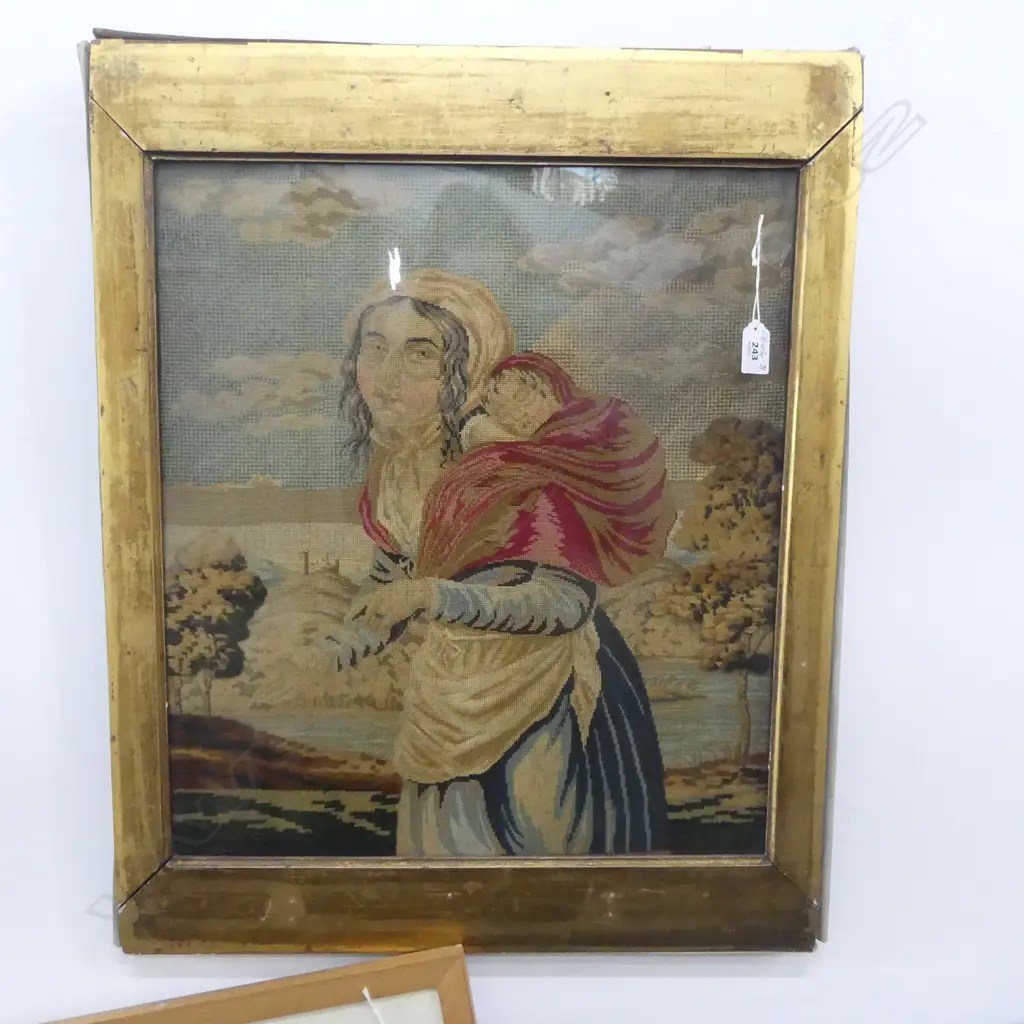 19thC TAPESTRY of A WOMAN WITH CHILD 490 X 430mm IN GILT FRAME Image 1++