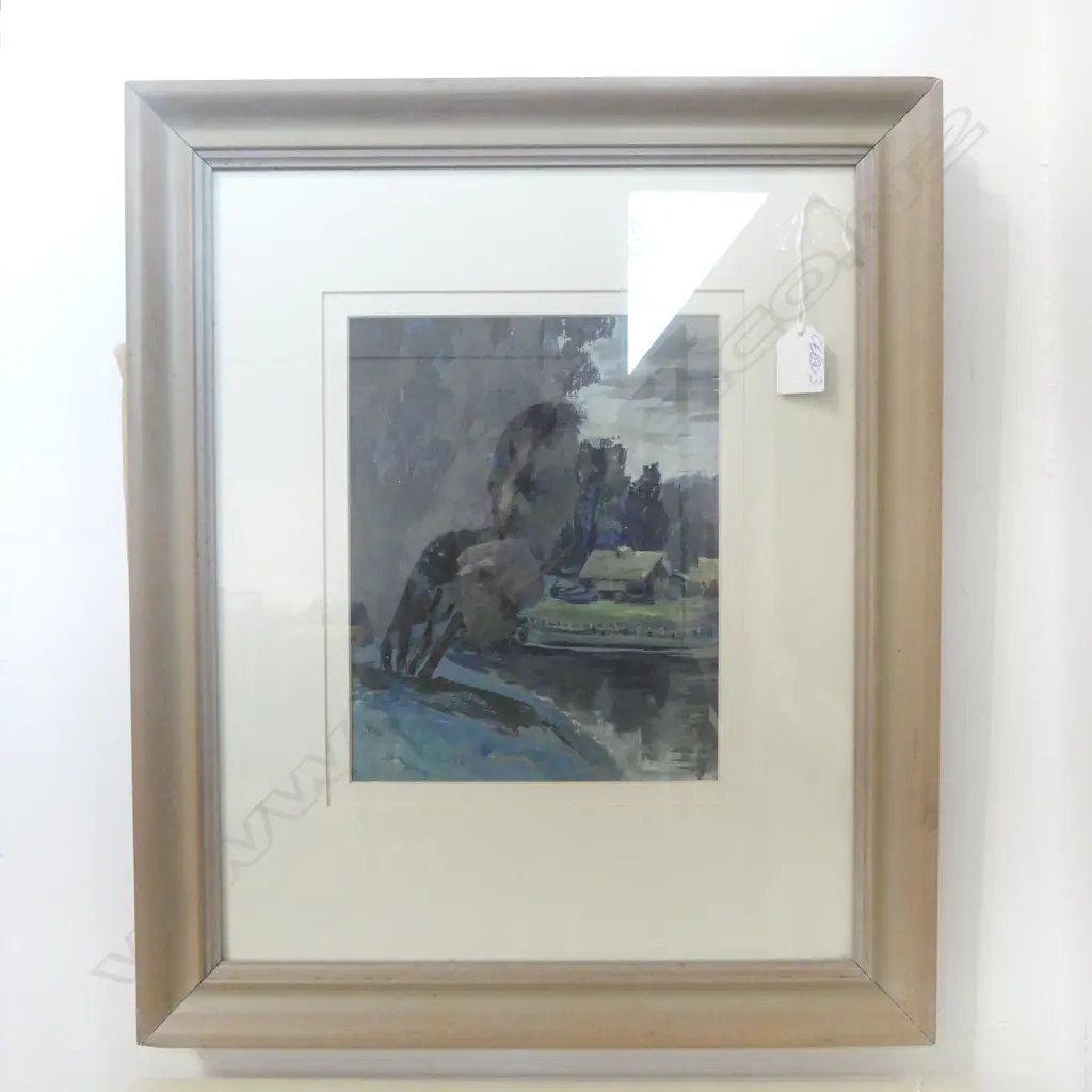 ARTIST UNKNOWN Lake Front with Trees acrylic on paper 240 x 190mm framed under glass. Ex. John Leech Image 1++