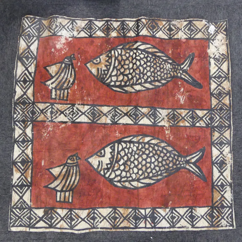 VINTAGE TAPA double sided with 2 fish & birds etc 945 x 900mm Image 1++