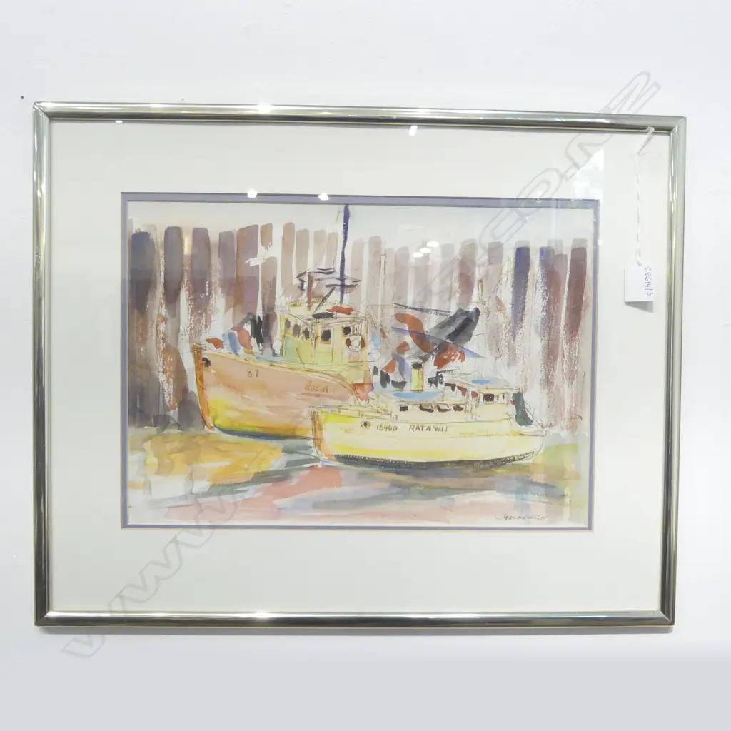 S. BEVERIDGE 'FISHING BOATS INNER VIADUCT AUCKLAND WATERFRONT' 270x390mm Image 1++