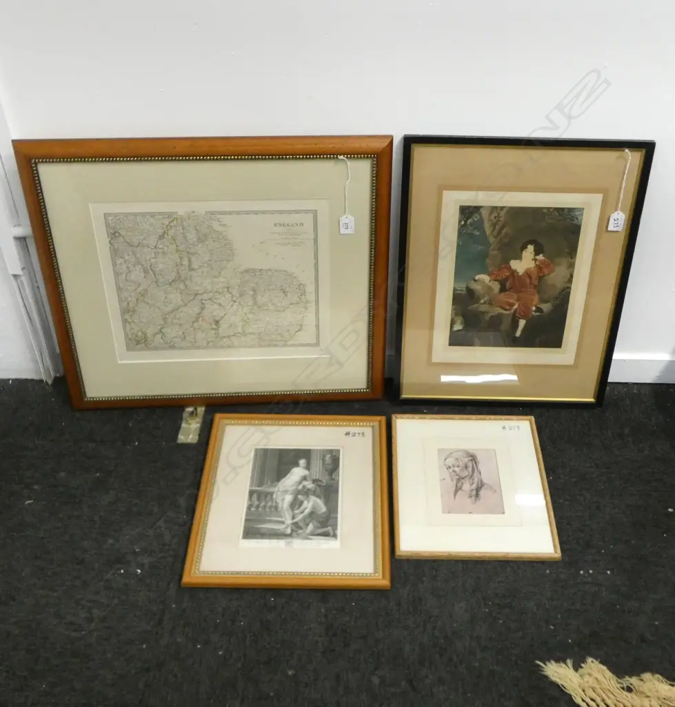 3 PRINTS + MAP OF EAST ENGLAND, HAND COLOURED ENGRAVING C.1830 315x390mm Image 1++