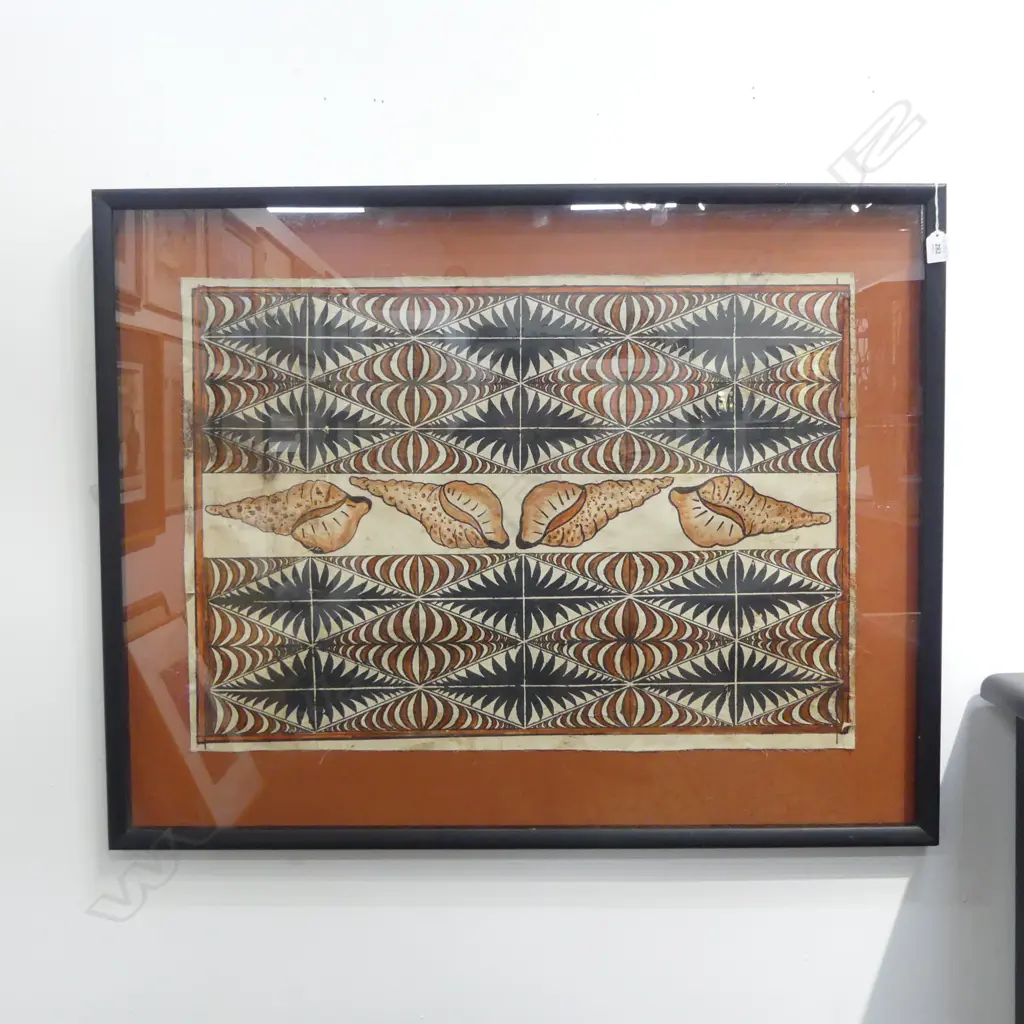 FRAMED TAPA CLOTH, GEOMETRIC DESIGN w. CONCH SHELLS 560x800mm  Image 1++