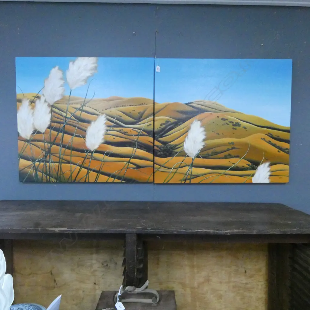 KIRSTY NIXEN DIPTYCH 'TARADALE HILLS' ACRYLIC ON CANVAS, 2000 760x840mm Image 1++