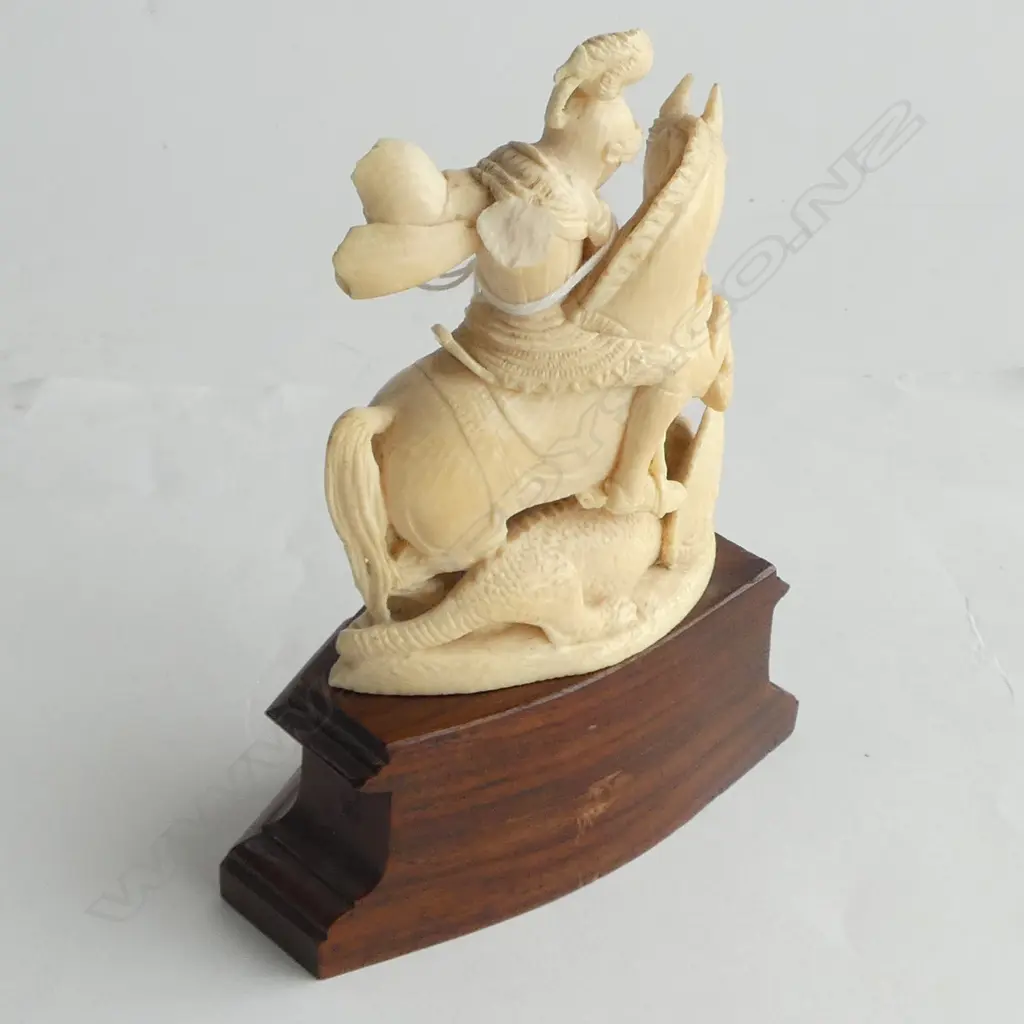 OLD CARVED IVORY ST GEORGE & THE DRAGON FINE CARVING ON STAND H.150mm... Image 1++