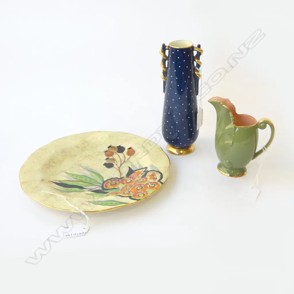 3PCS CARLTONWARE ROUGE BLUE VASE H185MM GUM TREE PAT RACK PLATE & JUG H110MM Image 1++