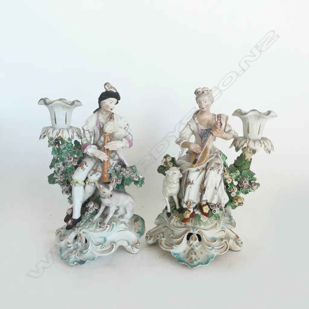 PR 18thC CHELSEA-DERBY FIGURAL CANDLESTICKS; GENT w. BAGPIPES, LADY w. LUTE H.220mm, REPAIRS Image 1++
