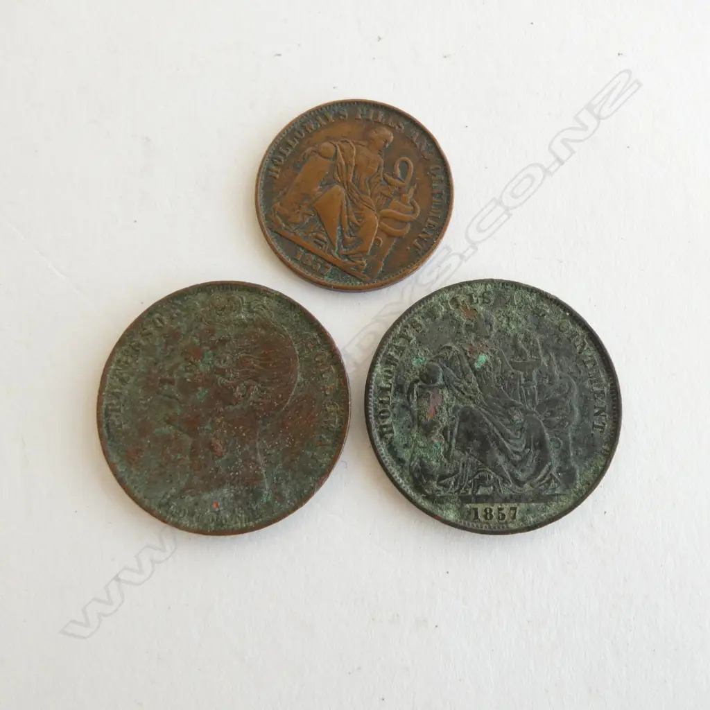 3 19thC NZ copper tokens: Holloway's Pills 1857 x 2 (one smaller) & 1858 some verdigris +    Image 1++