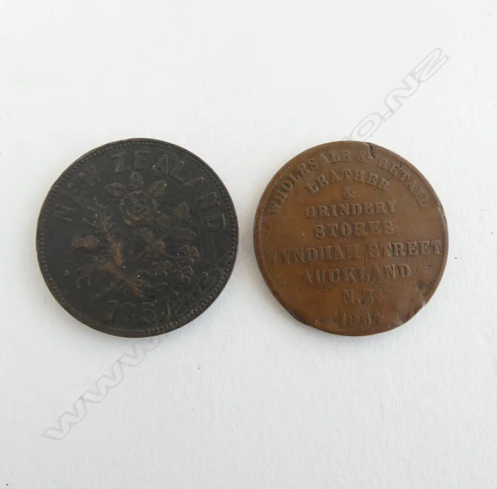 2 NZ COLONIAL COPPER TOKENS: M. SOMMERVILLE... 1857 AUCKLAND + B. GITTOS Leather Merchant 1864 Auckland Image 1++