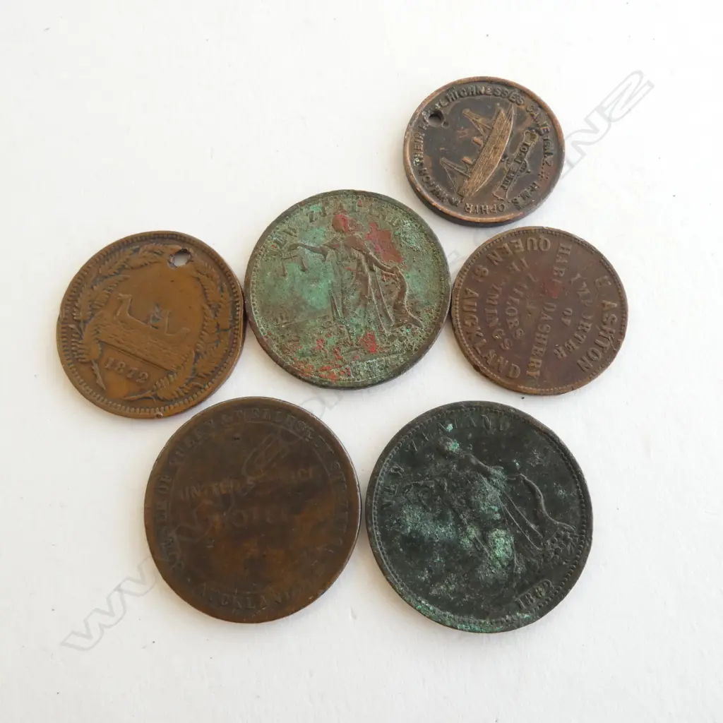 6 19thC NZ copper tokens etc.1874 United Service Hotel + H. Ashton x3 (different sizes) + R. Gratten w drilled hole  Image 1++