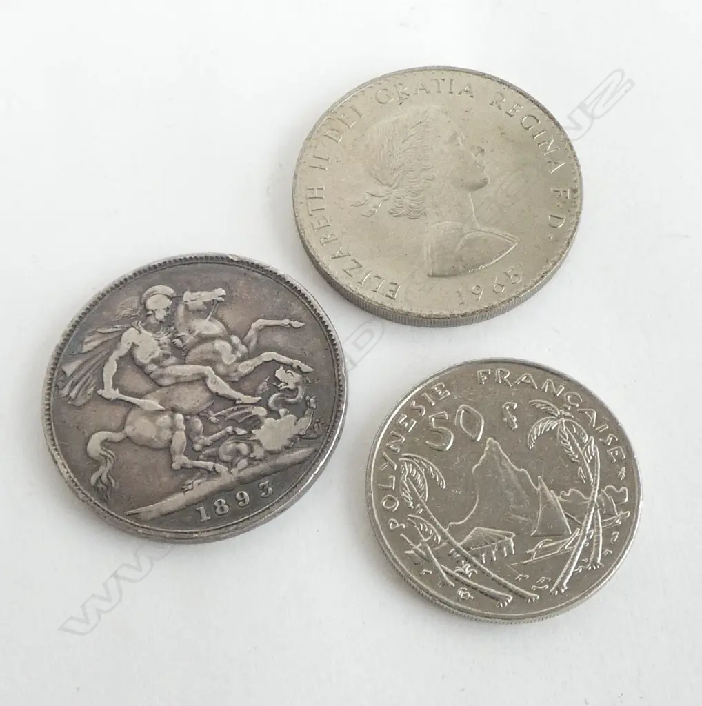 THREE COINS; 1893 SILVER QUEEN VICTORIA CROWN, 27.7gm, CHURCHILL 1965 & 1985 FRENCH POLYNESIAN  FRANC Image 1++