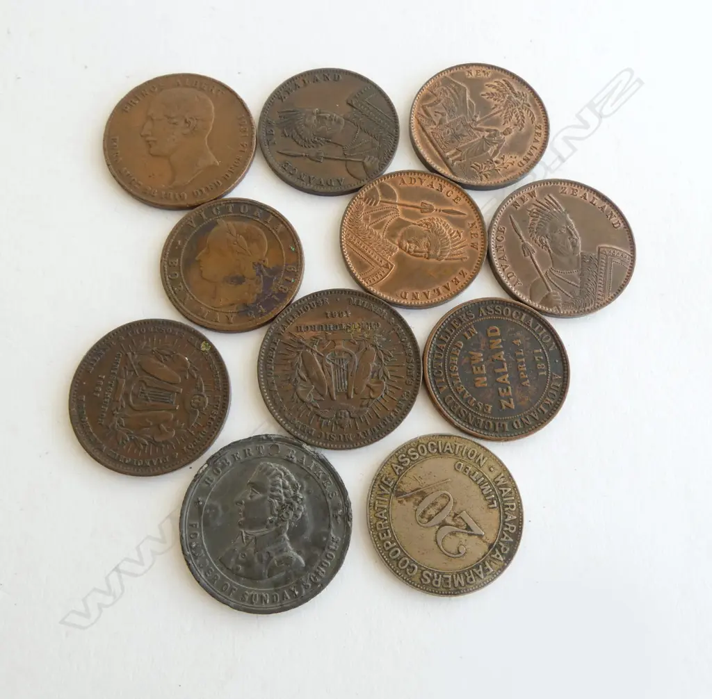 11 OLD NZ TOKENS: 6 various Milner & Thonpson's Music Depot + 2 x Victuallers Assoc. + Wairarapa Farmers co-op 20/- etc Image 1++