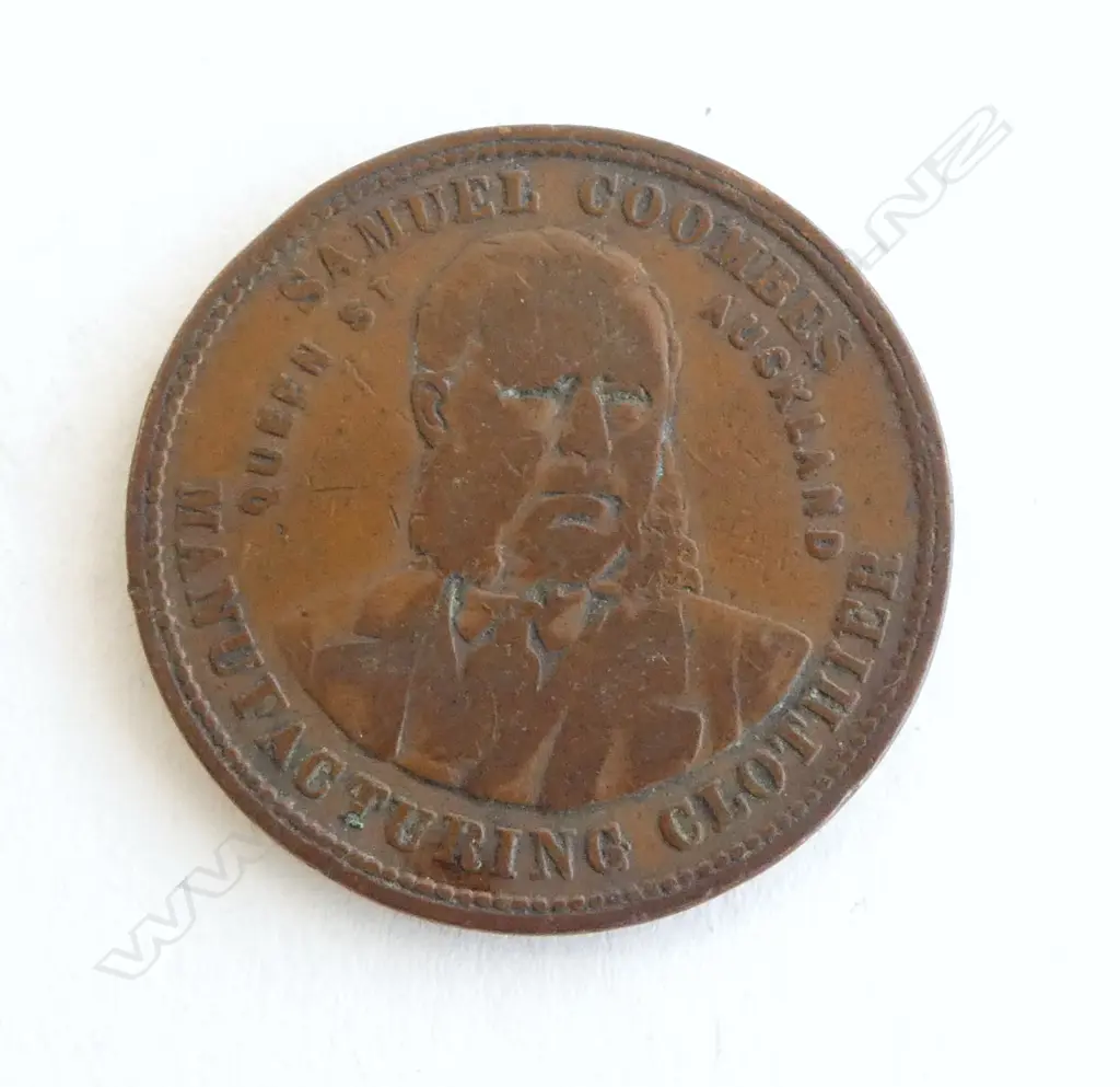 19thC NZ copper token 'Samuel Coombes Manufacturing Clothing... Image 1++