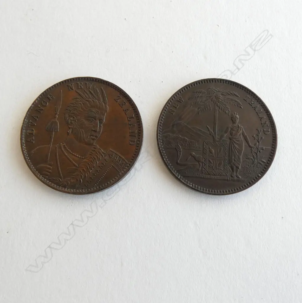 2 x NZ copper tokens: 1 Penny - Milner and Thompson Large Series -Christchurch 1881 Image 1++