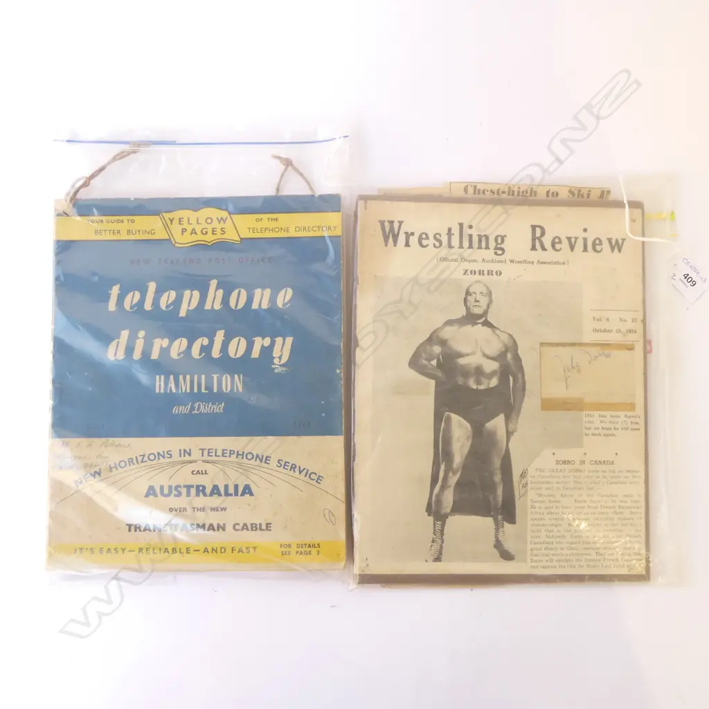 AUCKLAND WRESTLING REVIEW, FRONT PAGE WITH COVER OF ZORO, SIGNATURE & ASST. ZORO EPHEMERA & HAMILTON TELEPHONE DIRECTORY Image 1++