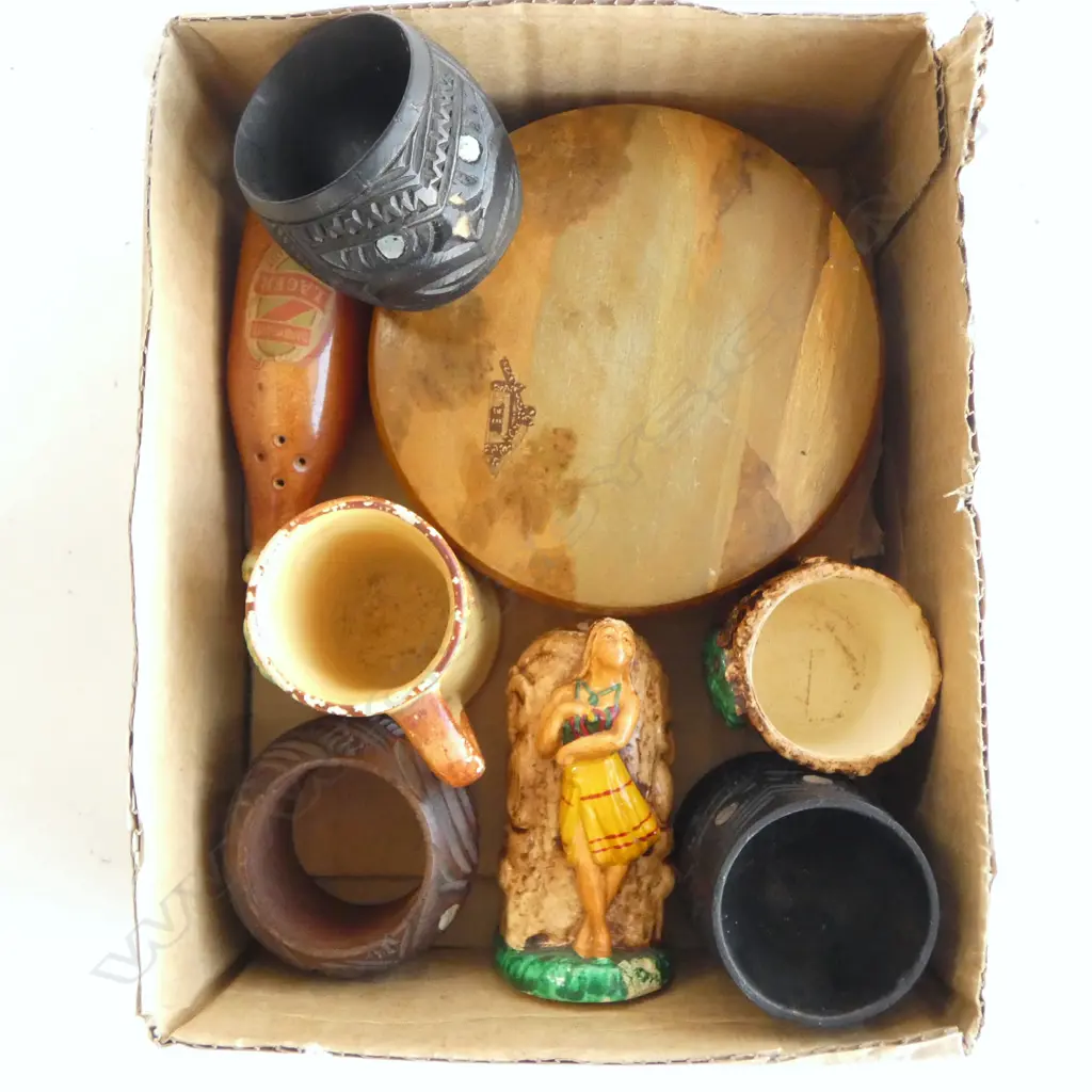 7 VINTAGE KIWIANA/MAORI PCS. INCLUDING TURNED WOOD BOWL SIGNED 'KIA ORA AUCKLAND N.Z.' Image 1++