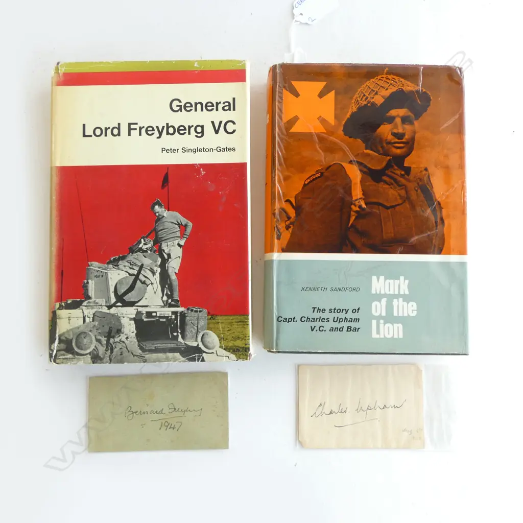 'MARK OF THE LION' + 'GENERAL LORD FREYBERG VC' WW2 BIOGRAPHIES, BOTH WITH LOOSE SIGNATURES BY RESPECTIVE AUTHORS Image 1++