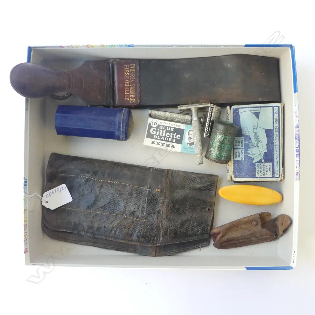 OLD SHAVING COLLECTION- RAZORS, STICK, STROP, DRESSING, BRUSH, BLADES. CASE ETC  Image 1++