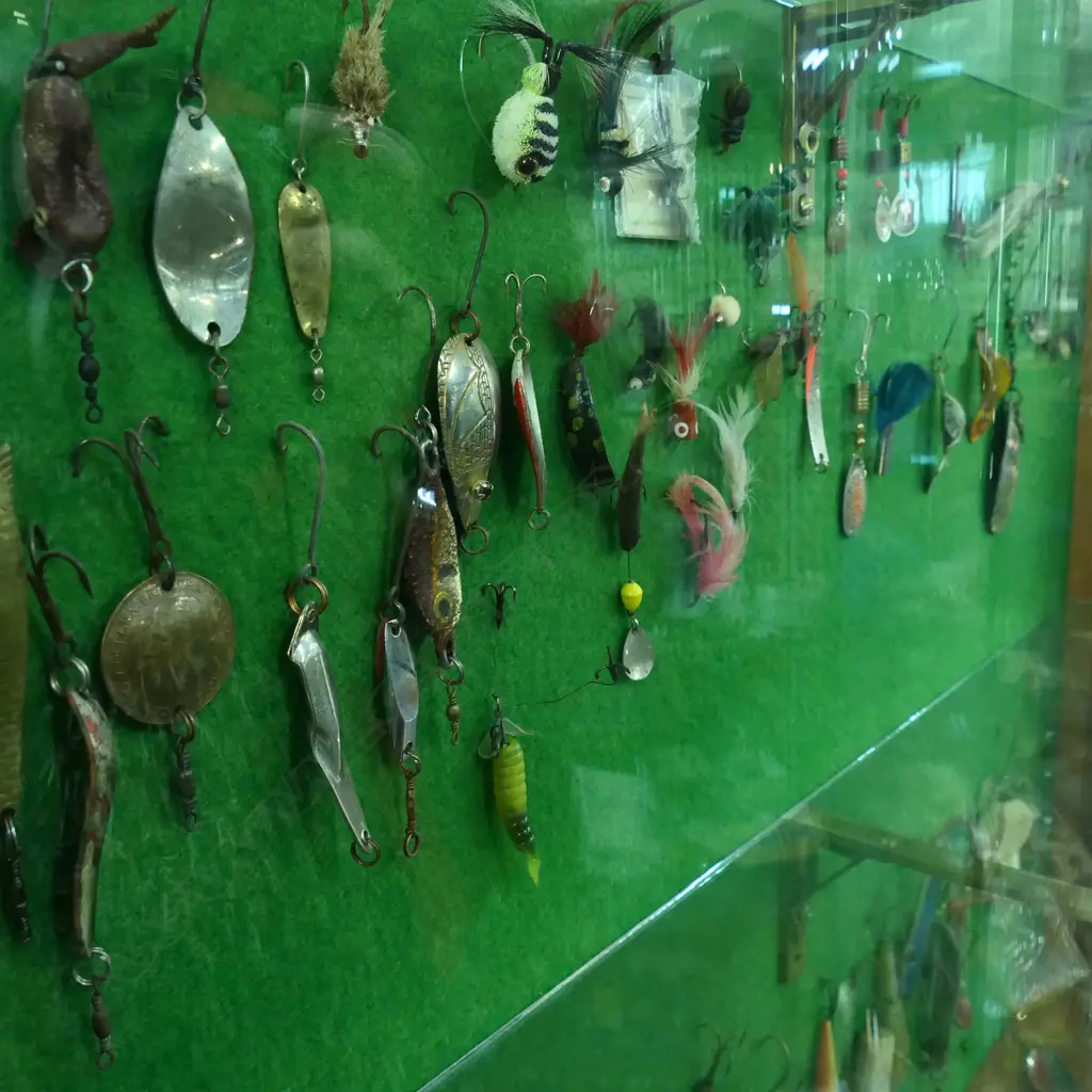 VICT CONVEX GLASS WALL DISPLAY CABINET H1200 L800MM CONTAINING VINTAGE COLLECTION OF FRESH WATER FISHING LURES APROX 140 Image 1++
