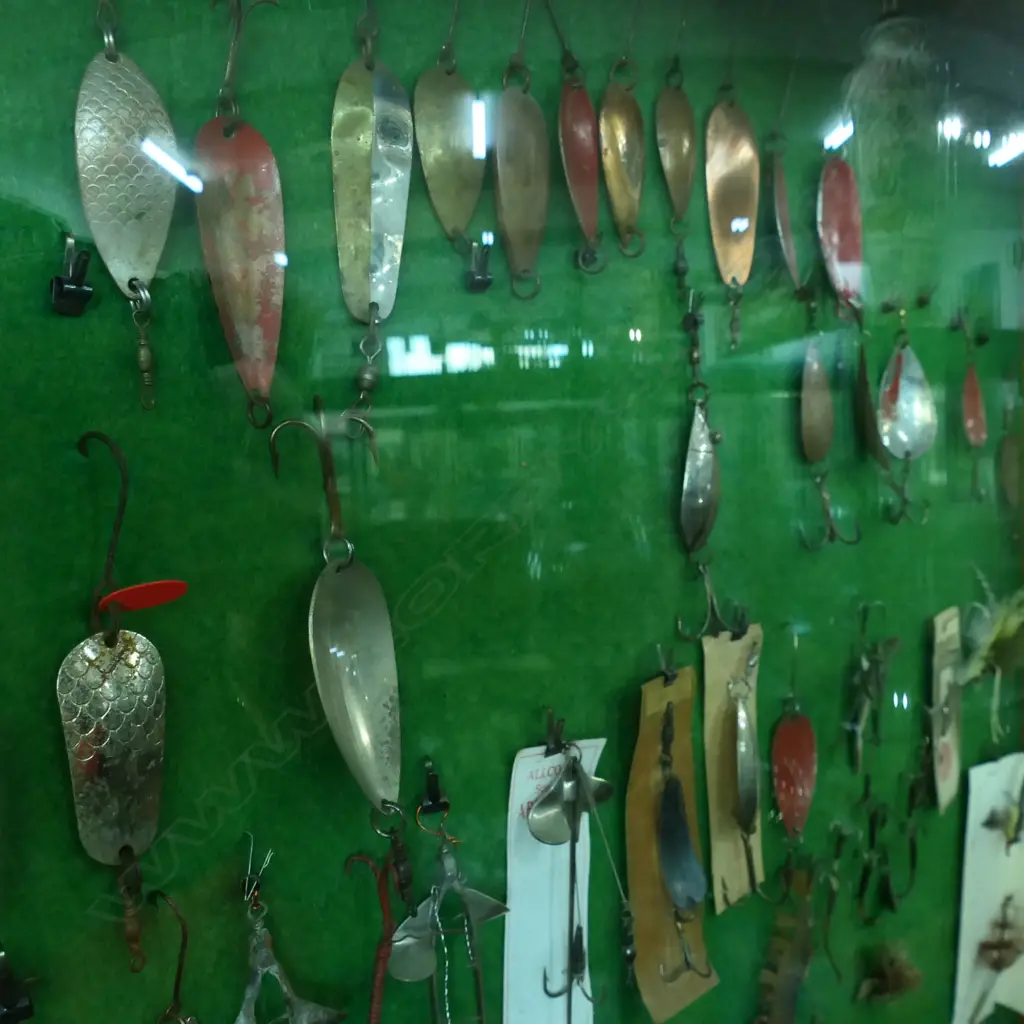 VICT CONVEX GLASS WALL DISPLAY CABINET H1200 L800MM CONTAINING VINTAGE COLLECTION OF FRESH WATER FISHING LURES APROX 140 Image 1++