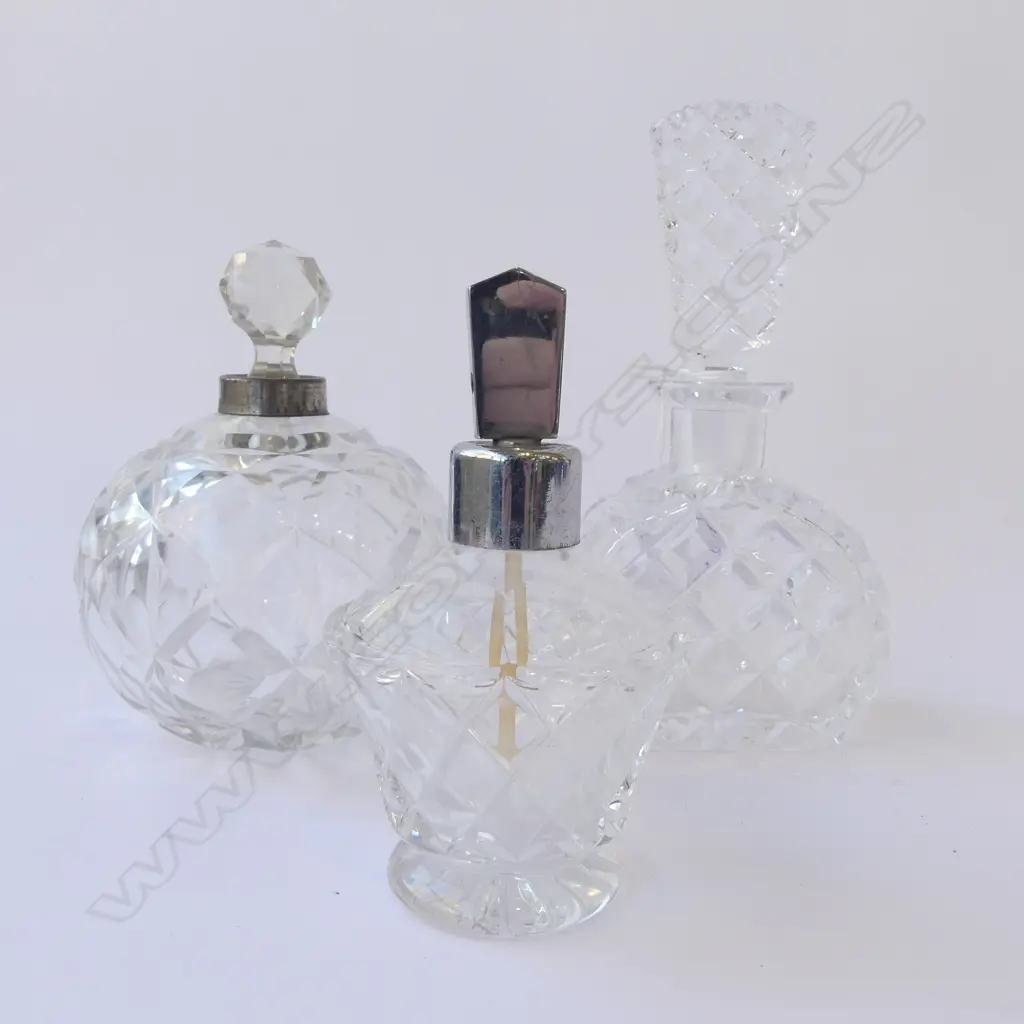 3 ART DECO CUT CRYSTAL PERFUME BOTTLES H170MM TALLEST Image 1++