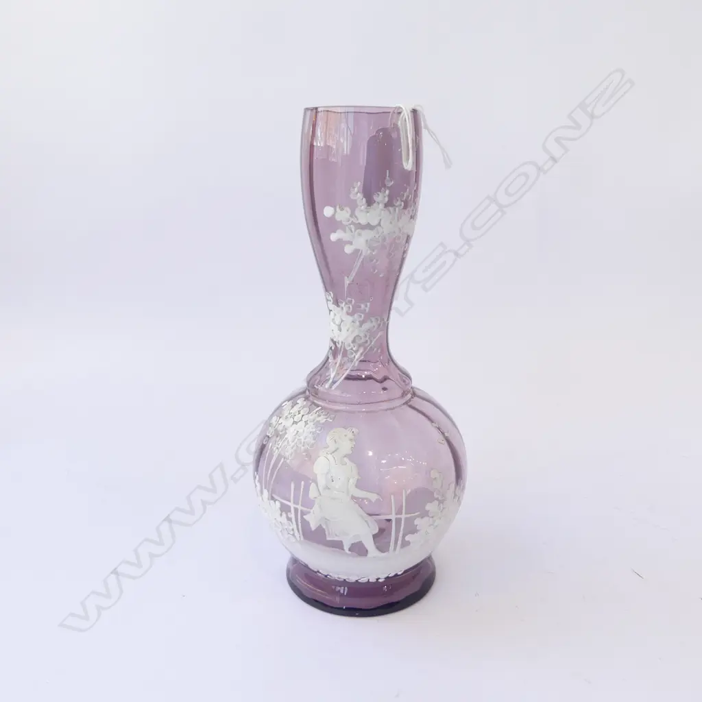 VICTORIAN AMETHYST GLASS Mary Gregory specimen vase woman seated on fence H.245mm Image 1++