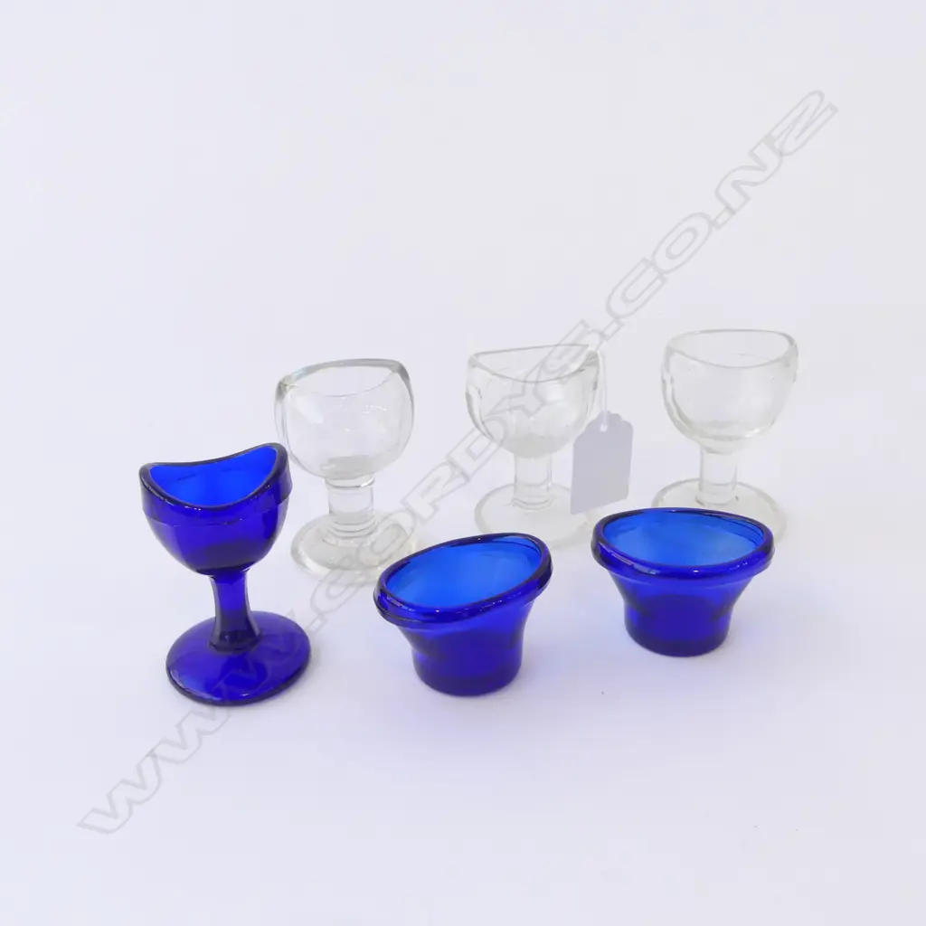 SIX ANTIQUE & VINTAGE GLASS EYE BATHS 3 COBALT BLUE, H.30MM-65MM Image 1++