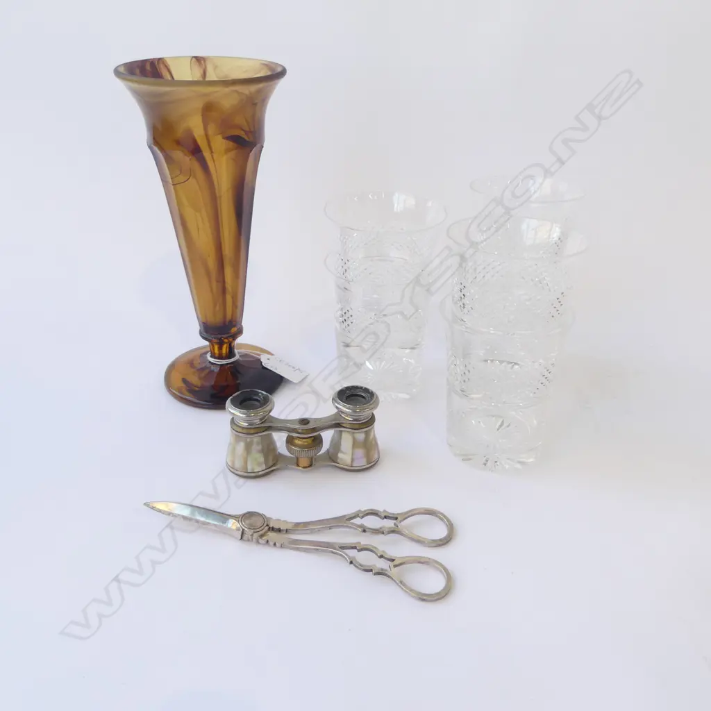6 STUART CRYSTAL GLASSES H.100mm, EP GRAPE SCISSORS, MoP OPERA GLASSES, DECO VASE H.215mm Image 1++