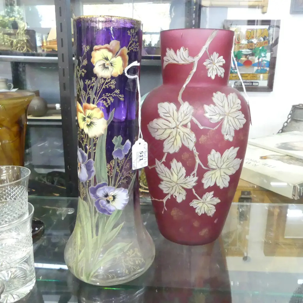 TALL CRANBERRY GLASS  FLORAL VASE H300 &  PURPLE GLASS PANSY VASE H300MM Image 1++