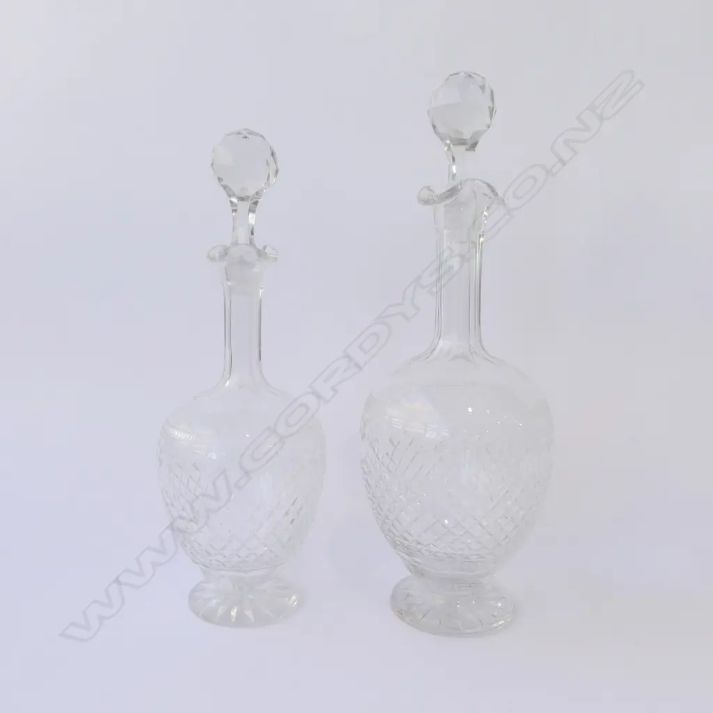  PAIR EDWARDIAN CUT CRYSTAL DECANTERS TWO SIZES, H.275MM-310MM  Image 1++