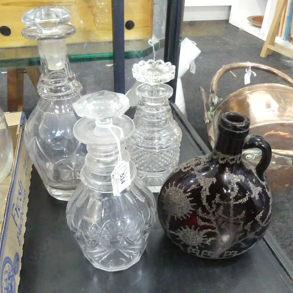 3 ANTIQUE DECANTERS H.260mm + ETCHED BOTTLE H.180mm Image 1++