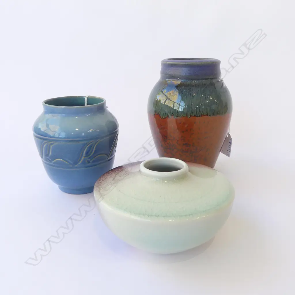 3PCS NZ STUDIO POTTERY DAVID HUFFMAN VASE H170MM & 2 OTHERS Image 1++
