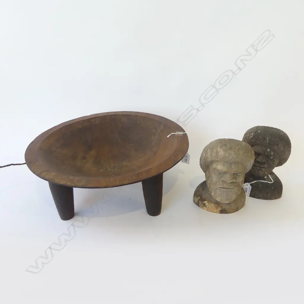 LG. KAVA BOWL Dia.415mm w. PROFESSIONAL REPAIR + 2 CARVED BUSTS Image 1++