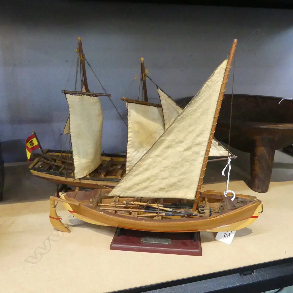 2 WOODEN MODEL BOATS ON STANDS, 'BALENIERE' & 'SANTISIMA TRINIDAD' L.390mm Image 1++