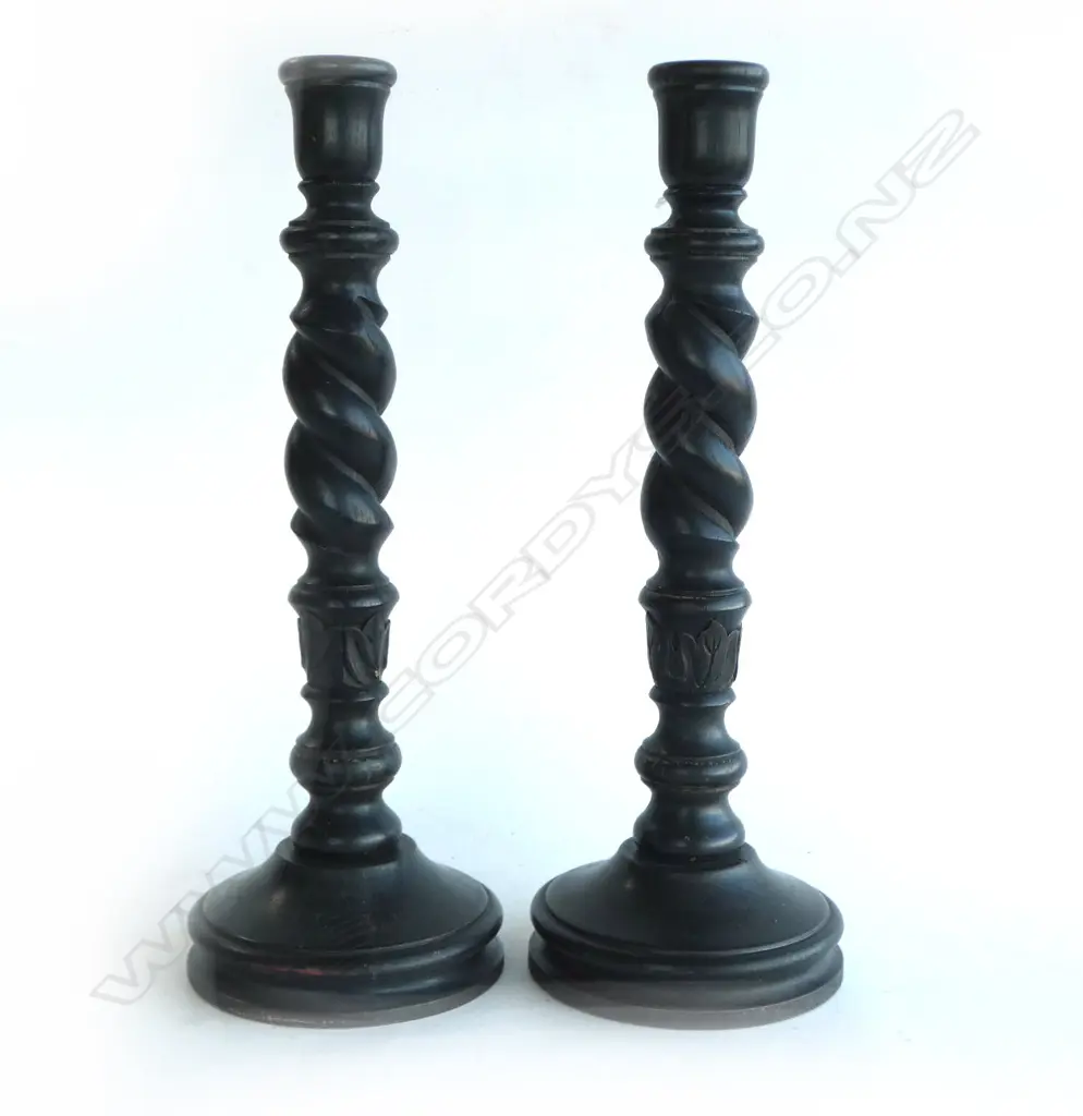 PR OF EBONISED BARLEY TWIST CANDLE STICKS H.460mm Image 1++