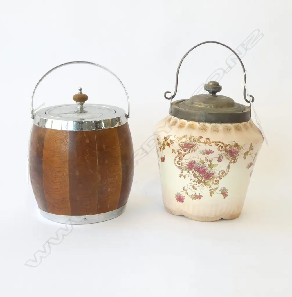 2 VINTAGE BISCUIT BARRELS H190MM  1 CHINA 1 WOOD & CHROME Image 1++