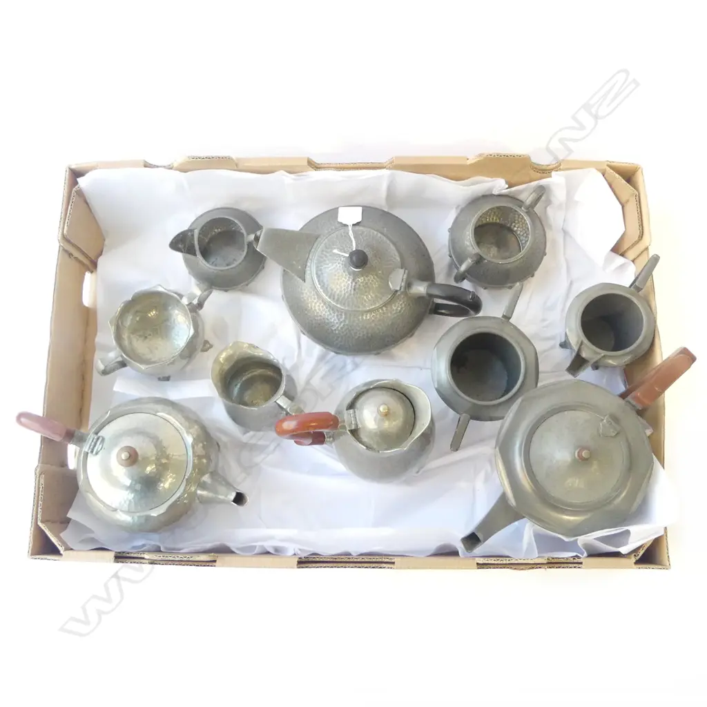 THREE PEWTER ARTS & CRAFTS TEA SETS ‘TUDRIC’ ‘WARRIC’ ‘CRAFTSMAN’ UK Image 1++