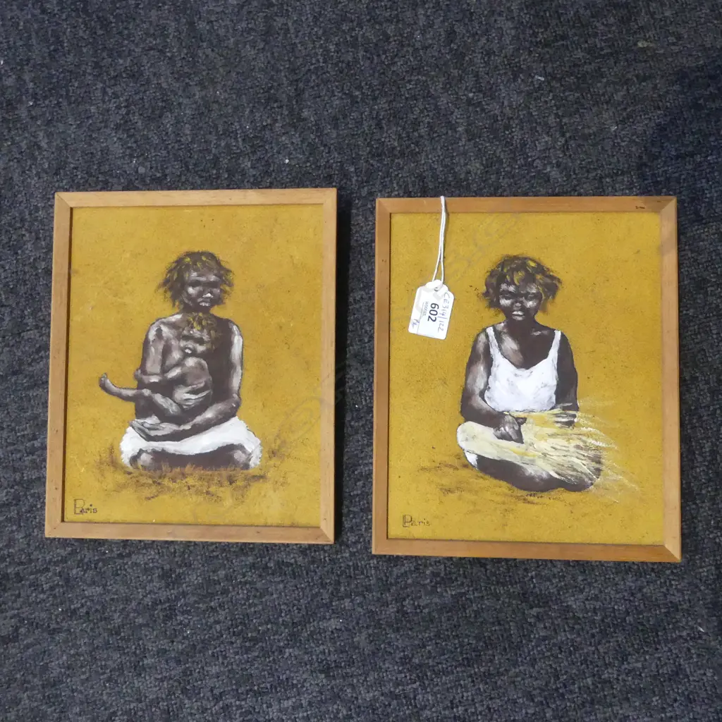 2 SMALL ABORIGINAL OILS WEAVER & MOTHER & CHILD SIGNED L PARIS Image 1++