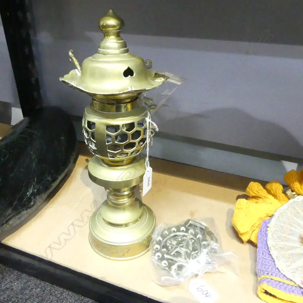 VINTAGE JAPANESE PIERCED BRASS VOTIVE LANTERN, H.300mm needs repair & 3 BRASS HORSE BRIDLE MEDALLIONS Image 1++