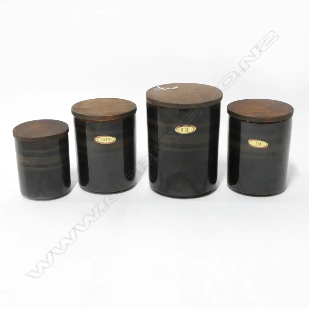 SET OF 4 MID CENTURY GLAZED POTTERY WOOD LIDDED STORAGE JARS VARIOUS HIGHTS  190MM TALLEST Image 1++